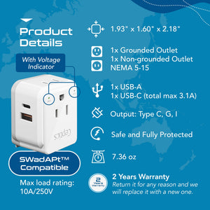 Asian, China, Malaysia Travel Adapter Set | Type C, G, I - USB & USB-C Ports + 2 US Outlets (PAK-AS)