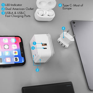 European Travel Adapter | Type C - USB & USB-C Ports + 2 US Outlets (PAK-C) - TRAPSKI