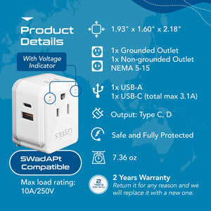 India, Nepal Travel Adapter Set | Type C, D - USB & USB-C Ports + 2 US Outlets (PAK-IN) - TRAPSKI