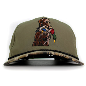 Chocolate Lab Duck Dog 5-Panel Camo Visor