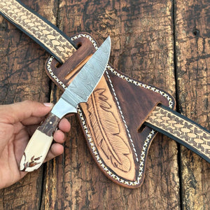 Prairie Damascus Skinner Knife with Hand tooled Sheath & Belt