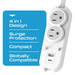 Compact Travel Power Strip - 2 US Outlets, USB & USB-C Ports - Grounded (PS-2U+) - TRAPSKI