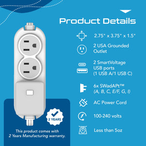 Compact Travel Power Strip - 2 US Outlets, USB & USB-C Ports - Grounded (PS-2U+) - TRAPSKI