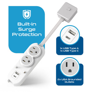 Compact Travel Power Strip - 2 US Outlets, USB & USB-C Ports - Grounded (PS-2U+) - TRAPSKI