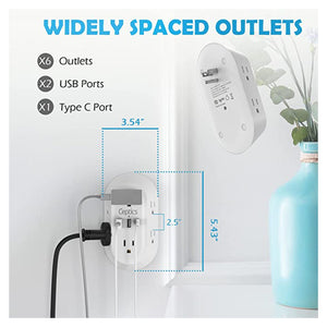 Wall Power Strip Charger by Ceptics - Small & Compact - Surge Protector 1800J - Grounded Dual USB - 6 USA Outlets Input (PS-6B-3U)