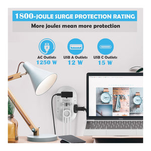 Wall Power Strip Charger by Ceptics - Small & Compact - Surge Protector 1800J - Grounded Dual USB - 6 USA Outlets Input (PS-6B-3U)