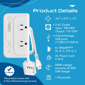 200W Step Down Converter – 2x outlets & 3 USB-A + 1 USB-C – AC 220-240V to 110V-120V Travel Voltage Converter - (PU-200X)