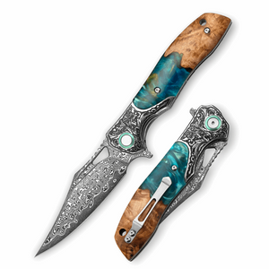 Ares Japanese Handmade Pocket Knife with Olive Burl Wood & Resin Handle