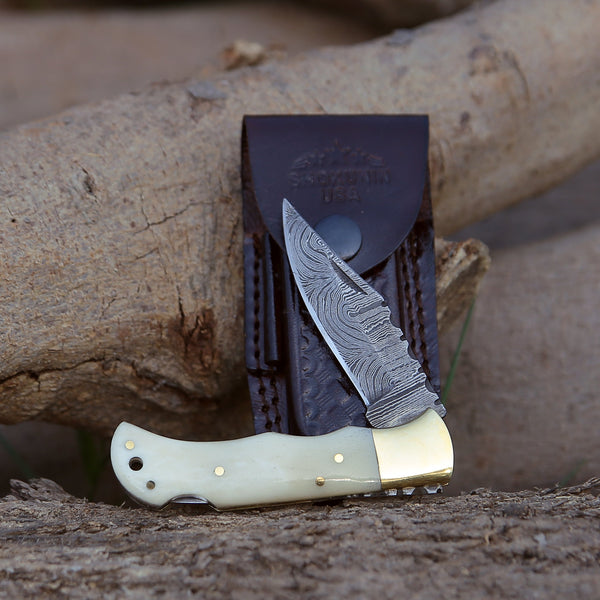 Cosmo Handmade Damascus Pocket Knife with Bone Handle