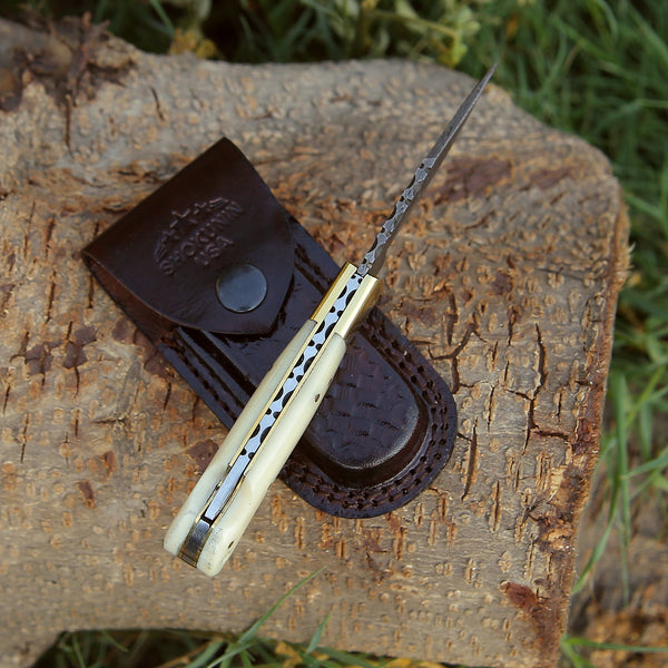 Cosmo Handmade Damascus Pocket Knife with Bone Handle