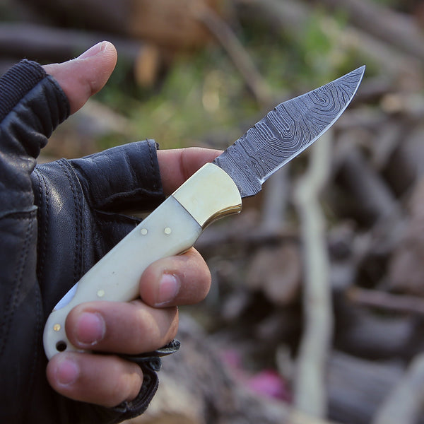 Cosmo Handmade Damascus Pocket Knife with Bone Handle