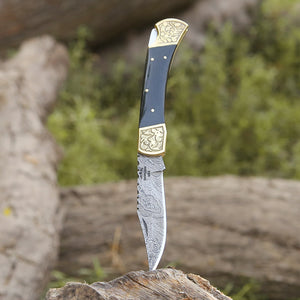Ironstorm Handmade Damascus Pocket Knife Engraved with Leather Sheath & Horn Handle