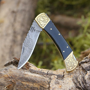Ironstorm Handmade Damascus Pocket Knife Engraved with Leather Sheath & Horn Handle