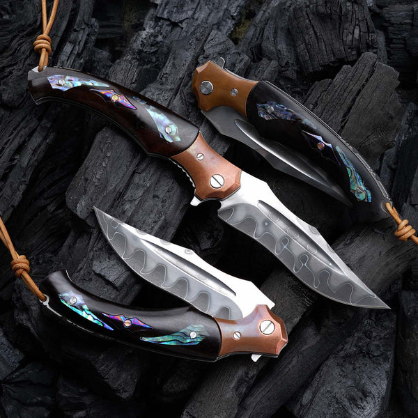 Quest Damascus Pocket Knife with Ebony Wood, Timascus & Abalone Shell Handle