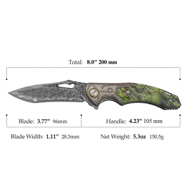 Hades Japanese VG10 Damascus Pocket Knife with Clip Stabilized Maple Burl Handle