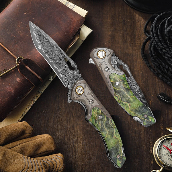 Hades Japanese VG10 Damascus Pocket Knife with Clip Stabilized Maple Burl Handle