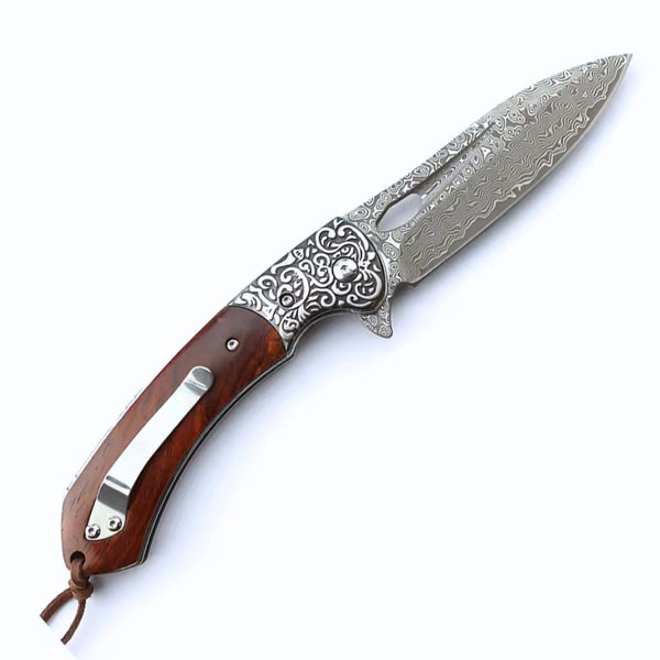 Karma Japanese VG10 Damascus EDC Pocket Knife with Clip & Sandalwood Handle