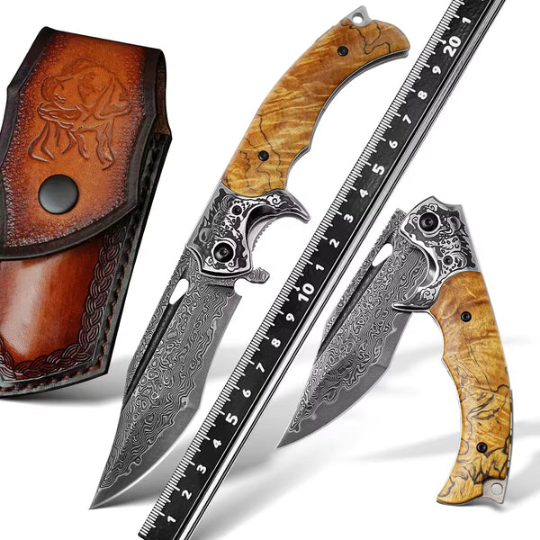 Inferno Japanese VG10 Damascus Pocket Knife with Exotic Burch Burl Wood Handle