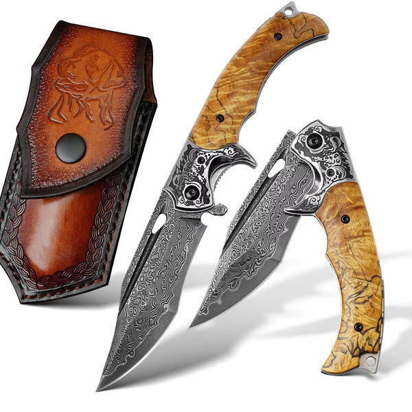 Inferno Japanese VG10 Damascus Pocket Knife with Exotic Burch Burl Wood Handle