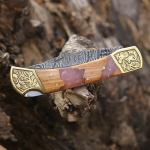 Boltedge Handmade Damascus Pocket Knife with Leather Sheath & Exotic Olive Wood