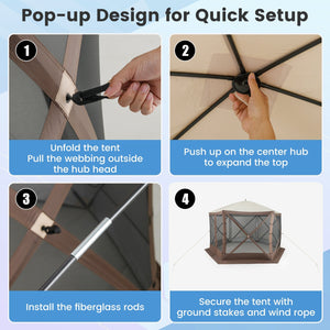 Pop-up Gazebo 6-sided Instant Setup Screen House Hub Tent with Mesh Netting Walls-Coffee