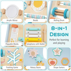 Wooden Baby Walker Push and Pull Learning Activity Center with Wheels-Blue