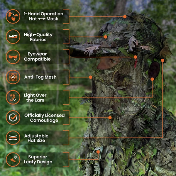 2-in-1 FRONT Leafy Face Mask and Camo Hat (Adjustable,OSFM)