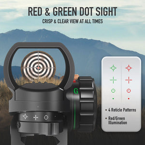 Red & Green Reflex Dot Sight, 4 Reticle Types, Strong Lens Frame