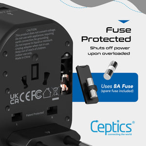 All-In-One International Travel Plug Adapter - 2 USB Ports (UP-8KU) - TRAPSKI