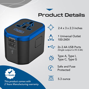 All-In-One International Travel Plug Adapter - 2 USB Ports (UP-8KU) - TRAPSKI