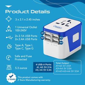 All-In-One International Travel Plug Adapter - 4 USB Ports (UP-9KU) - TRAPSKI