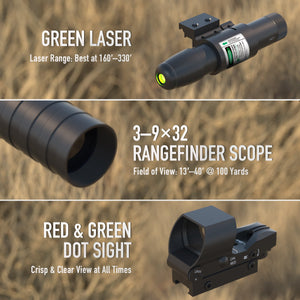 3-in-1 Rifle Scope Combo, 3-9x32 Rangefinder Scope, Red & Green Dot Sight, Green Laser, 14 Slots Riser