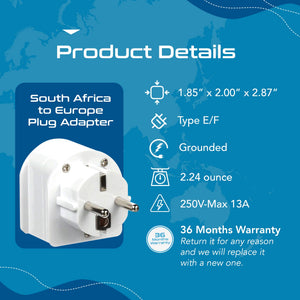 South Africa to Europe Schuko - Type E/F - Travel Plug Adapter - Grounded (SA-EU) - TRAPSKI