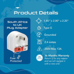 South Africa to UK - Type G - Travel Plug Adapter - Grounded (SA-UK) - TRAPSKI