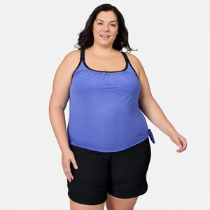 Women's Plus Size Textured Mesh Side Tie Blouson Tankini Top
