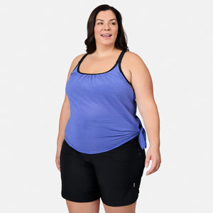 Women's Plus Size Textured Mesh Side Tie Blouson Tankini Top