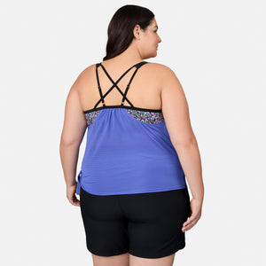 Women's Plus Size Textured Mesh Side Tie Blouson Tankini Top
