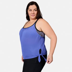 Women's Plus Size Textured Mesh Side Tie Blouson Tankini Top