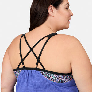 Women's Plus Size Textured Mesh Side Tie Blouson Tankini Top