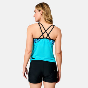 Women's Textured Mesh Side Tie Blouson Tankini Top
