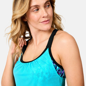 Women's Textured Mesh Side Tie Blouson Tankini Top