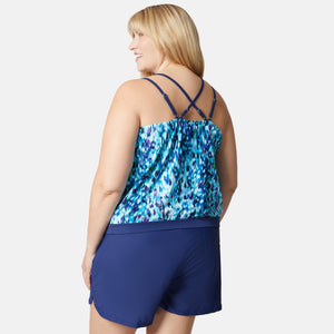 Women's Plus Size Cascading Skin Double Strap Cut Out Blouson Tankini Top