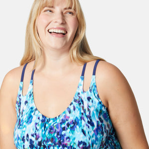 Women's Plus Size Cascading Skin Double Strap Cut Out Blouson Tankini Top