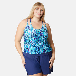Women's Plus Size Cascading Skin Double Strap Cut Out Blouson Tankini Top