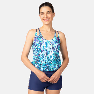 Women's Cascading Skin Double Strap Cut Out Blouson Tankini Top