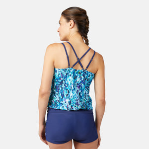 Women's Cascading Skin Double Strap Cut Out Blouson Tankini Top