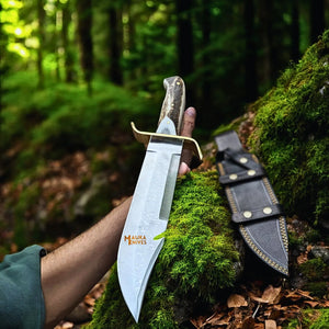 SS Damascus Gut Hook Bowie Knife Stag Antler Handle Sheath