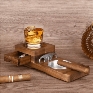Multifunction Cigar & Whiskey Gift Set Stand with Ashtray and Drawer