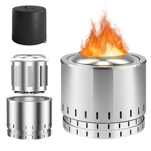 Smokeless Stainless Steel Fire Pit with Ash Pan for Yard Camping-Silver