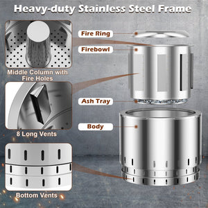 Smokeless Stainless Steel Fire Pit with Ash Pan for Yard Camping-Silver
